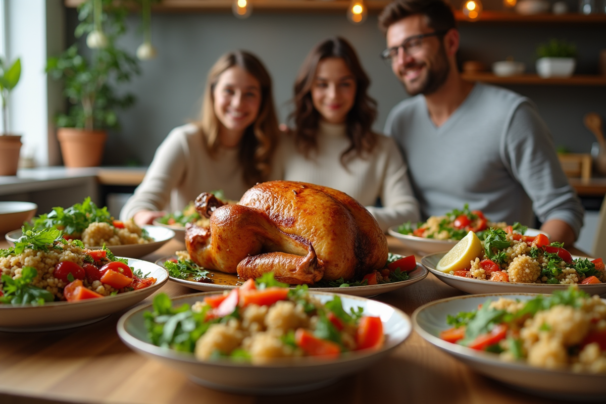 Table festive avec poulet rôti et salades colorées en famille