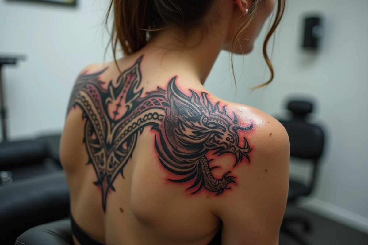 Gros plan d'un tatouage dragon viking style Urnes avec entrelacs celtiques et bordure runique sur le dos d'une femme