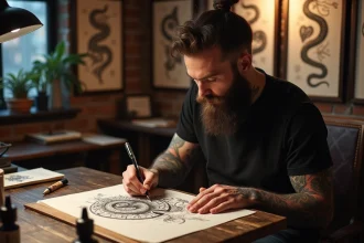 Tatoueur viking dessinant un motif de dragon avec des runes sur du papier dans un studio de tatouage authentique
