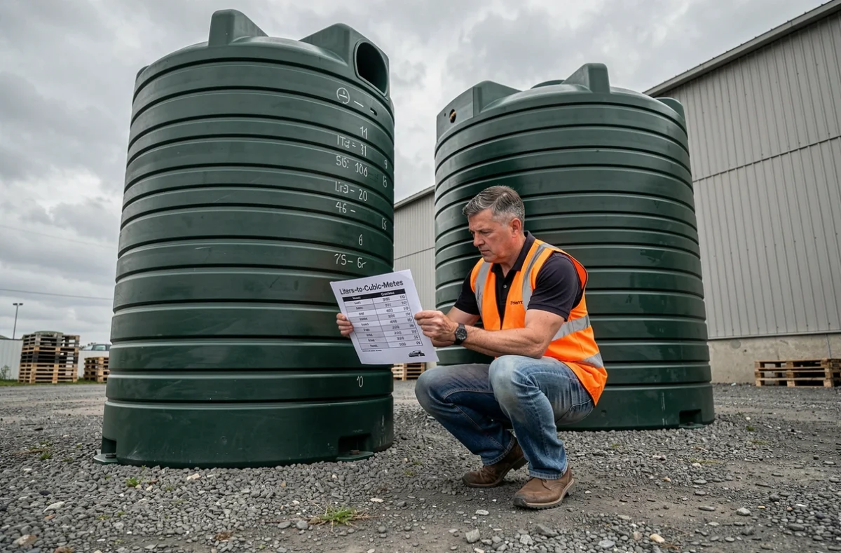 Technicien industriel consultant un tableau de conversion litres m3 devant des cuves de stockage pour un devis