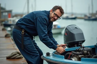 Technicien en combinaison marine inspectant le moteur d'un bateau lors d'un entretien au port