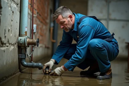 Technicien en bleu répare une pompe à eau dans une cave inondée