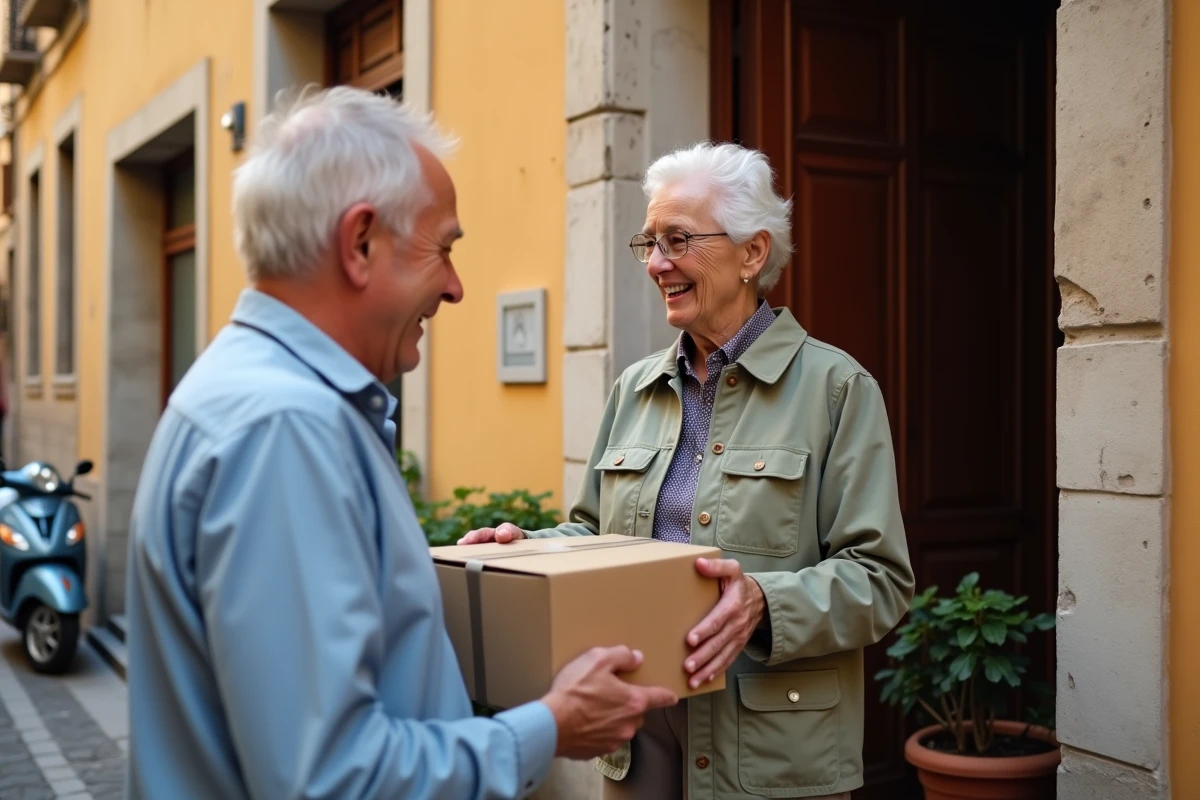 Deux voisins italiens effectuant une transaction d'annonce entre particuliers devant un immeuble en pierre