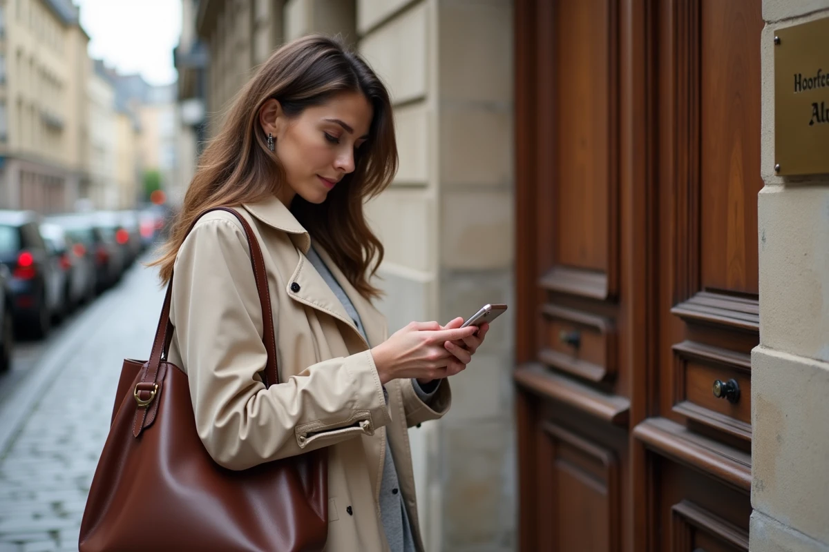 Une femme cherche sur son téléphone une permanence gratuite de la Chambre des notaires près de chez elle devant un cabinet notarial