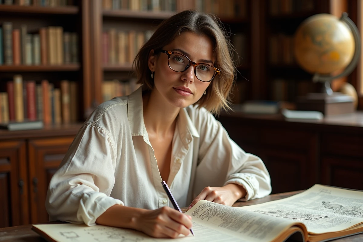 Universitaire étudiant le mythe du Minotaure et les symboles du labyrinthe crétois dans une bibliothèque