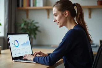 Femme utilisant une plateforme numérique sur ordinateur portable dans un bureau à domicile moderne en 2026