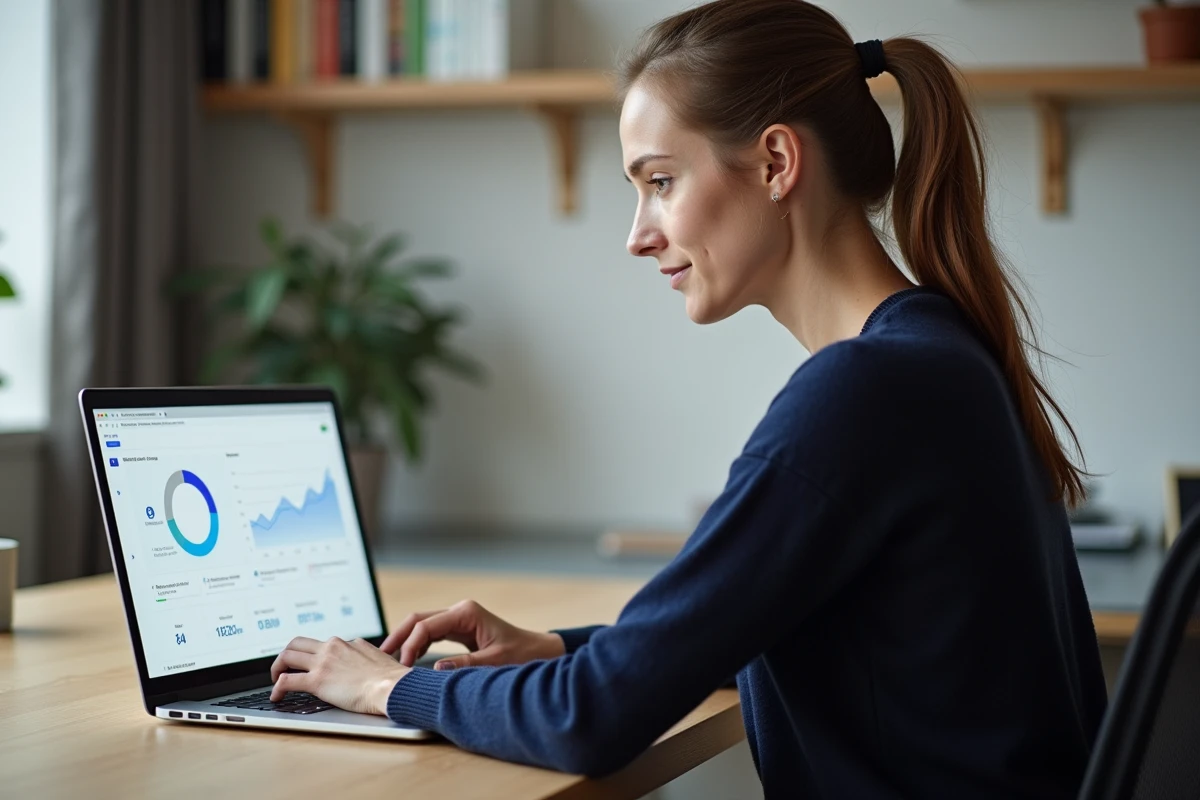 Femme utilisant une plateforme numérique sur ordinateur portable dans un bureau à domicile moderne en 2026