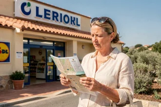 Vacancière consultant la carte d'un magasin Lidl en Corse devant l'entrée du supermarché