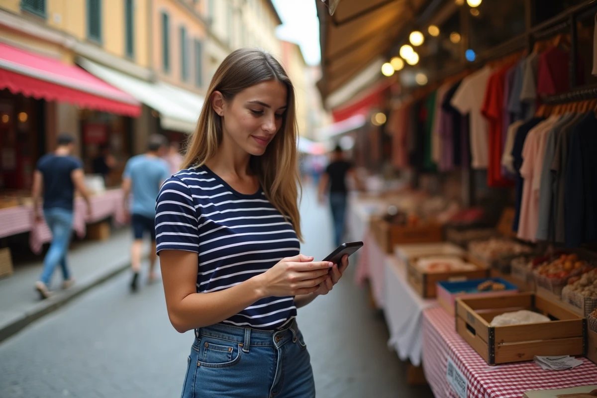 Femme vérifiant une annonce entre particuliers sur son téléphone dans un marché en plein air en Italie