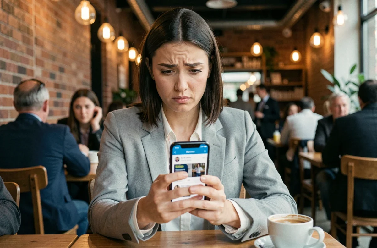 Femme consultant les avis d'un site marchand sur son smartphone dans un café urbain