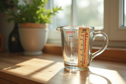 Verre mesure 250 ml à côté d'un tableau de conversion ancien