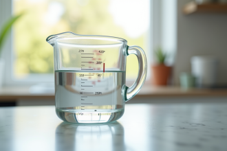 Verre mesureur rempli d'eau sur plan de cuisine lumineux