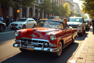 Voiture classique vintage sur une rue ensoleillée en ville