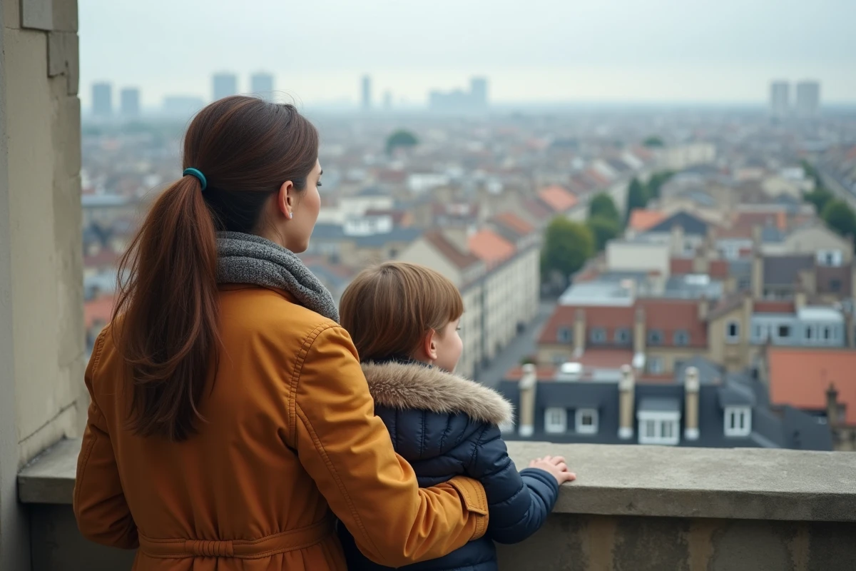 Femme et enfant regardant la ville depuis un balcon